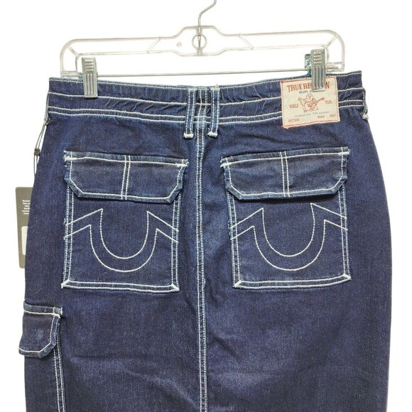 True Religion Womens Denim Cargo Maxi Skirt Size 28 Dark Wash Utility Pocket - Picture 8 of 10